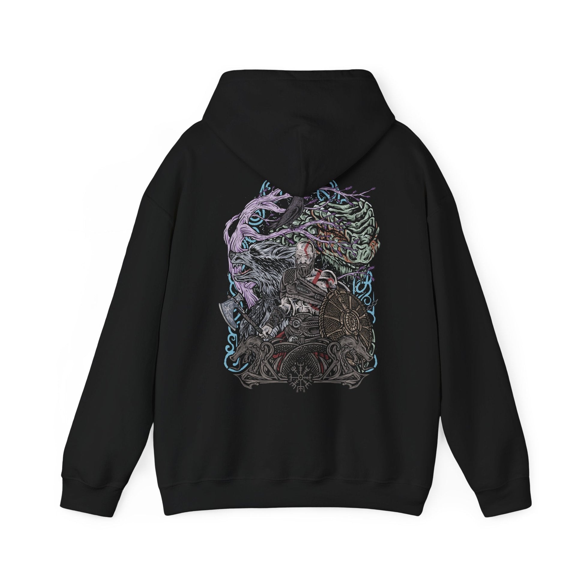 Image 5 of a Hooded Sweatshirt of Kratos standing atop a shattered Nordic landscape, surrounded by ancient runes, icy mountains, and remnants of divine warfare. His stern expression and scarred physique embody countless battles fought against gods and monsters alike. The composition emphasizes power, redemption, and the legendary journey of the Ghost of Sparta as he confronts fate during the end of the Norse world.