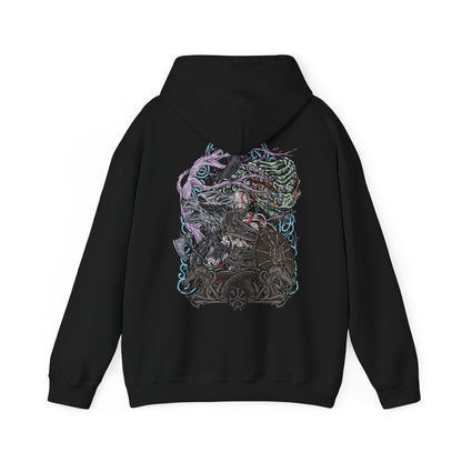 Image 5 of a Hooded Sweatshirt of Kratos standing atop a shattered Nordic landscape, surrounded by ancient runes, icy mountains, and remnants of divine warfare. His stern expression and scarred physique embody countless battles fought against gods and monsters alike. The composition emphasizes power, redemption, and the legendary journey of the Ghost of Sparta as he confronts fate during the end of the Norse world.
