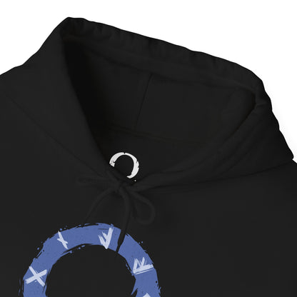 Folded Hooded Sweatshirt of Kratos standing atop a shattered Nordic landscape, surrounded by ancient runes, icy mountains, and remnants of divine warfare. His stern expression and scarred physique embody countless battles fought against gods and monsters alike. The composition emphasizes power, redemption, and the legendary journey of the Ghost of Sparta as he confronts fate during the end of the Norse world.