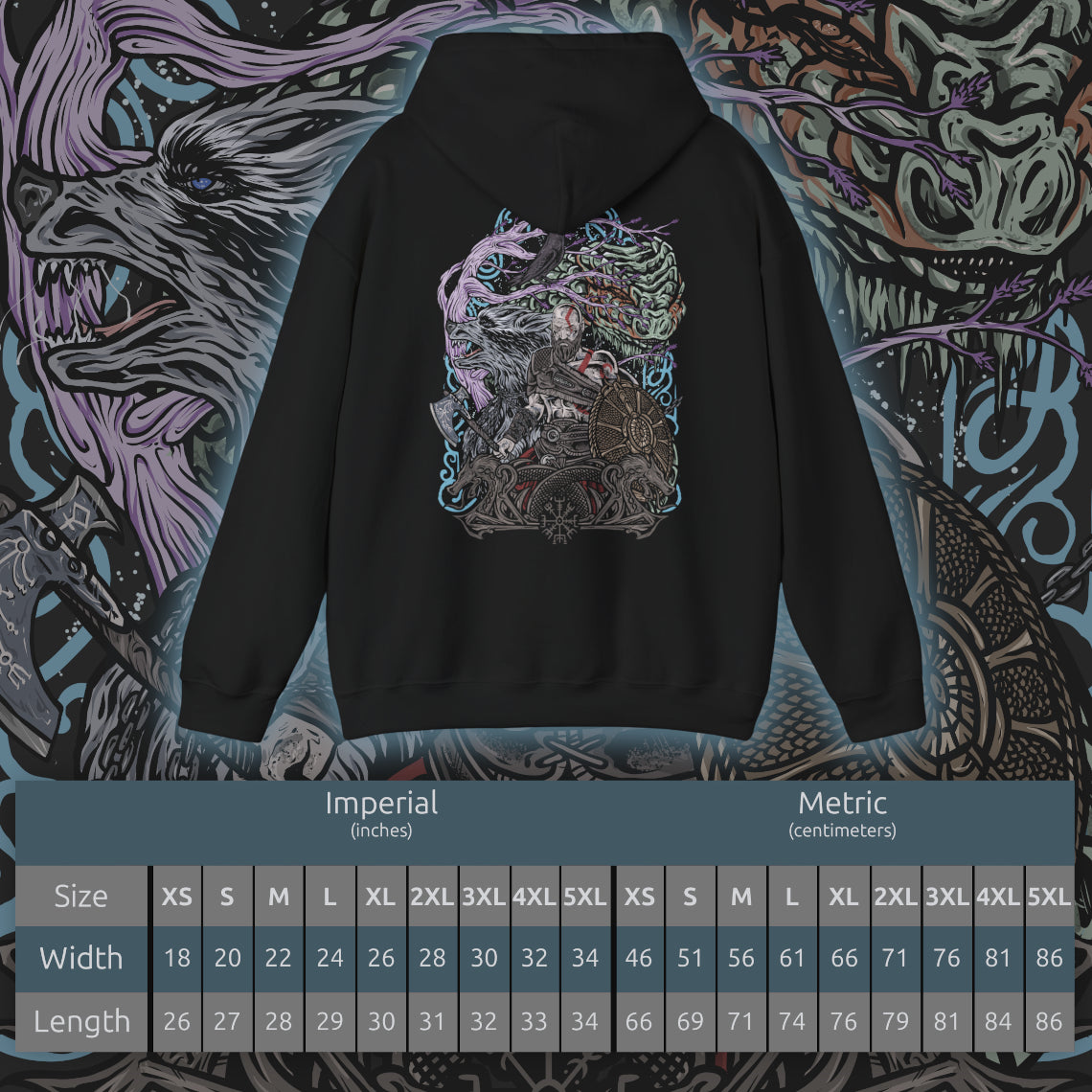 Size chart of a Hooded Sweatshirt of Kratos standing atop a shattered Nordic landscape, surrounded by ancient runes, icy mountains, and remnants of divine warfare. His stern expression and scarred physique embody countless battles fought against gods and monsters alike. The composition emphasizes power, redemption, and the legendary journey of the Ghost of Sparta as he confronts fate during the end of the Norse world.
