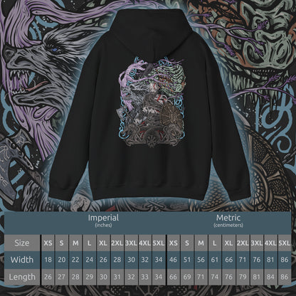 Size chart of a Hooded Sweatshirt of Kratos standing atop a shattered Nordic landscape, surrounded by ancient runes, icy mountains, and remnants of divine warfare. His stern expression and scarred physique embody countless battles fought against gods and monsters alike. The composition emphasizes power, redemption, and the legendary journey of the Ghost of Sparta as he confronts fate during the end of the Norse world.