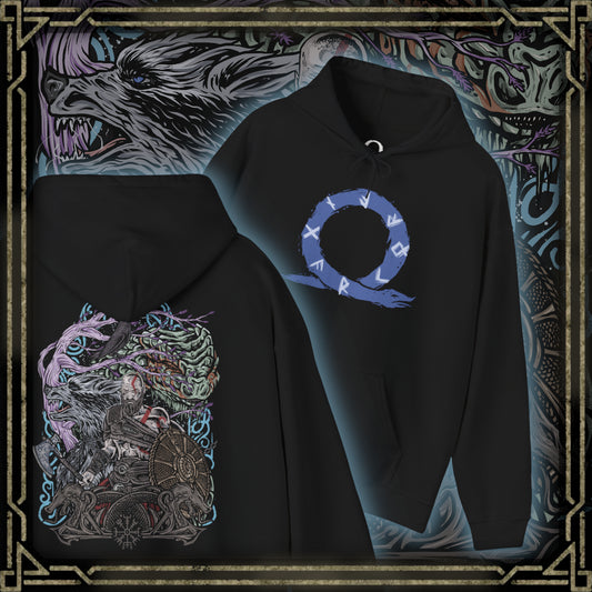Thumbnail of a Hooded Sweatshirt of Kratos standing atop a shattered Nordic landscape, surrounded by ancient runes, icy mountains, and remnants of divine warfare. His stern expression and scarred physique embody countless battles fought against gods and monsters alike. The composition emphasizes power, redemption, and the legendary journey of the Ghost of Sparta as he confronts fate during the end of the Norse world.