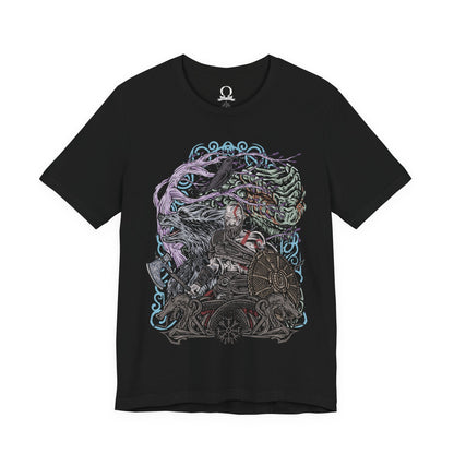 Image 4 of a T-Shirt design of Kratos from God of War Ragnarök, standing amid the frozen realms of Norse mythology with the Leviathan Axe in one hand and the Blades of Chaos burning in the other. Snow and embers swirl around his battle-scarred body while the World Tree's branches stretch across the sky. The design captures the Ghost of Sparta's immense strength, wisdom, and relentless determination to protect his family.