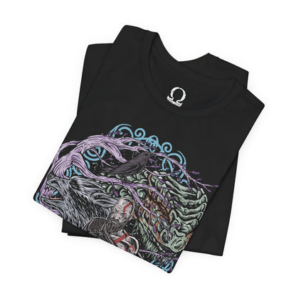 Image 5 of a T-Shirt design of Kratos from God of War Ragnarök, standing amid the frozen realms of Norse mythology with the Leviathan Axe in one hand and the Blades of Chaos burning in the other. Snow and embers swirl around his battle-scarred body while the World Tree's branches stretch across the sky. The design captures the Ghost of Sparta's immense strength, wisdom, and relentless determination to protect his family.