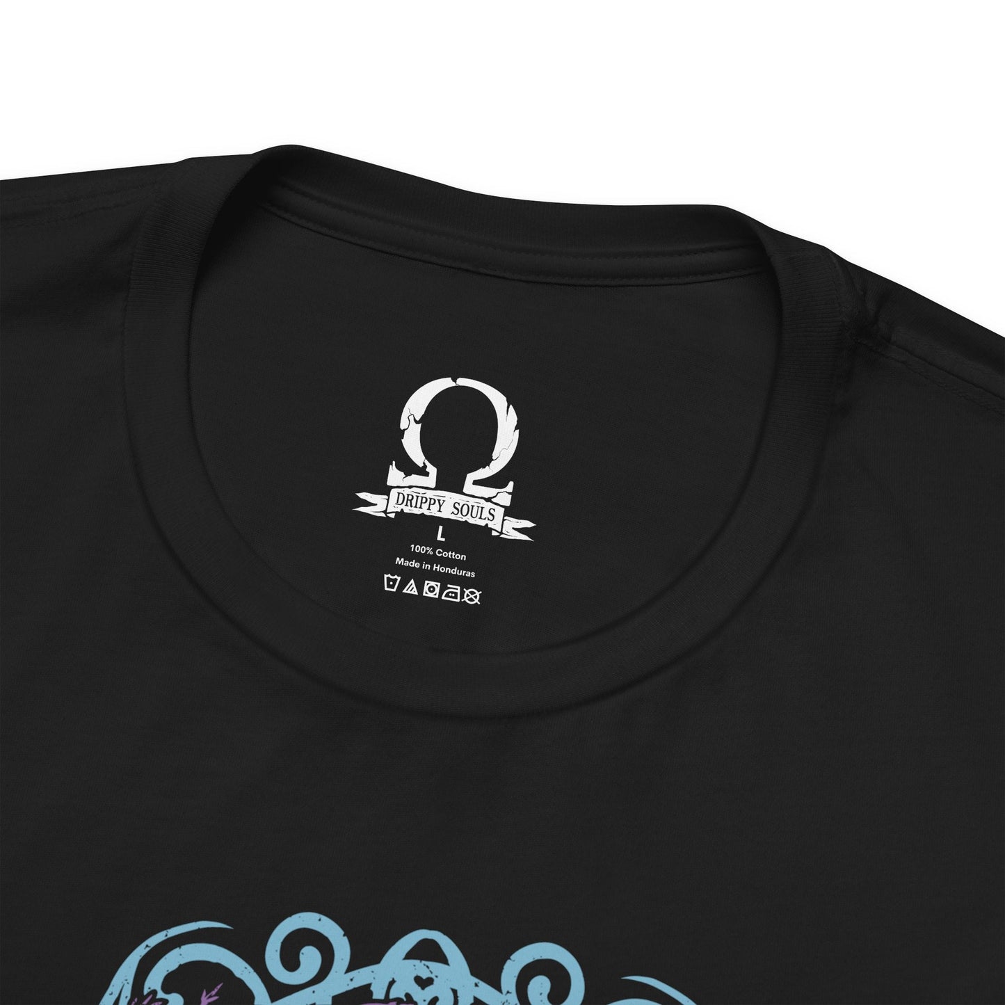 Folded T-Shirt design of Kratos from God of War Ragnarök, standing amid the frozen realms of Norse mythology with the Leviathan Axe in one hand and the Blades of Chaos burning in the other. Snow and embers swirl around his battle-scarred body while the World Tree's branches stretch across the sky. The design captures the Ghost of Sparta's immense strength, wisdom, and relentless determination to protect his family.