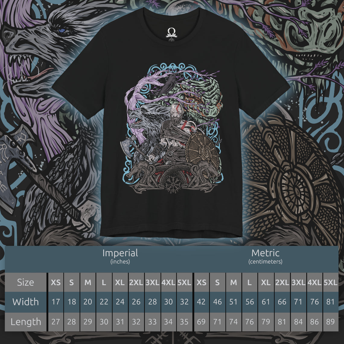 Size chart of a T-Shirt design of Kratos from God of War Ragnarök, standing amid the frozen realms of Norse mythology with the Leviathan Axe in one hand and the Blades of Chaos burning in the other. Snow and embers swirl around his battle-scarred body while the World Tree's branches stretch across the sky. The design captures the Ghost of Sparta's immense strength, wisdom, and relentless determination to protect his family.