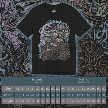 Size chart of a T-Shirt design of Kratos from God of War Ragnarök, standing amid the frozen realms of Norse mythology with the Leviathan Axe in one hand and the Blades of Chaos burning in the other. Snow and embers swirl around his battle-scarred body while the World Tree's branches stretch across the sky. The design captures the Ghost of Sparta's immense strength, wisdom, and relentless determination to protect his family.