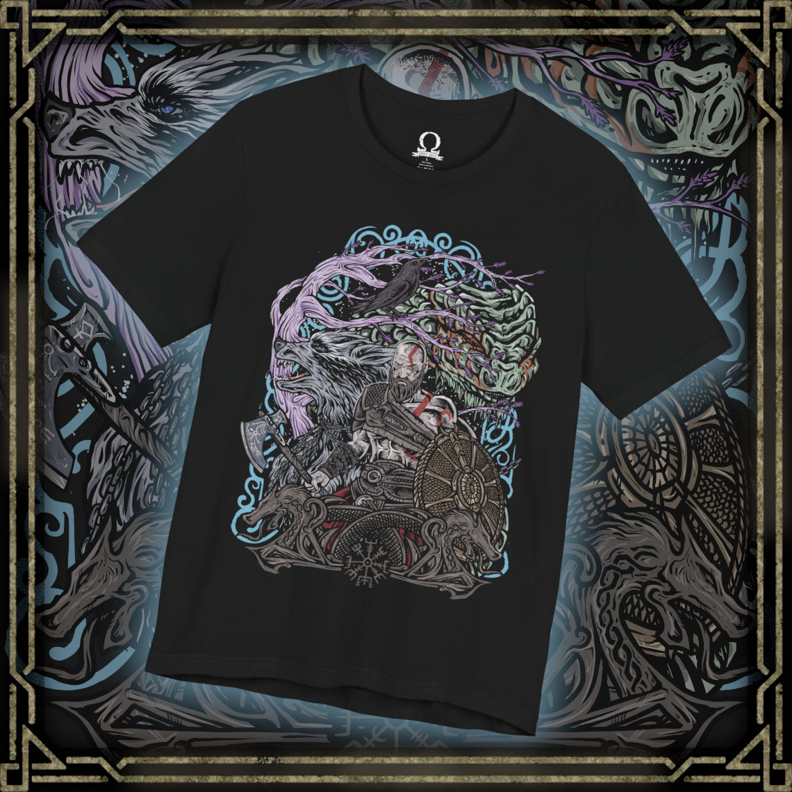 Thumbnail of a T-Shirt design of Kratos from God of War Ragnarök, standing amid the frozen realms of Norse mythology with the Leviathan Axe in one hand and the Blades of Chaos burning in the other. Snow and embers swirl around his battle-scarred body while the World Tree's branches stretch across the sky. The design captures the Ghost of Sparta's immense strength, wisdom, and relentless determination to protect his family.