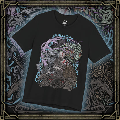 Thumbnail of a T-Shirt design of Kratos from God of War Ragnarök, standing amid the frozen realms of Norse mythology with the Leviathan Axe in one hand and the Blades of Chaos burning in the other. Snow and embers swirl around his battle-scarred body while the World Tree's branches stretch across the sky. The design captures the Ghost of Sparta's immense strength, wisdom, and relentless determination to protect his family.