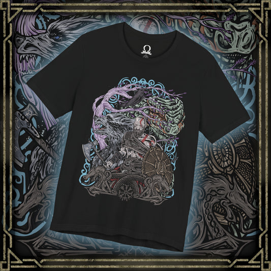 Thumbnail of a T-Shirt design of Kratos from God of War Ragnarök, standing amid the frozen realms of Norse mythology with the Leviathan Axe in one hand and the Blades of Chaos burning in the other. Snow and embers swirl around his battle-scarred body while the World Tree's branches stretch across the sky. The design captures the Ghost of Sparta's immense strength, wisdom, and relentless determination to protect his family.