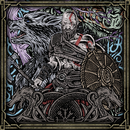 Wallpaper of God of War Ragnarok Kratos. In God of War Ragnarök, Kratos wields the Leviathan Axe, Blades of Chaos, and Draupnir Spear against legendary foes from Norse mythology. Facing the threat of Ragnarök itself, he must decide whether he is destined to remain a destroyer of gods or become something greater. His character embodies strength tempered by wisdom and sacrifice.