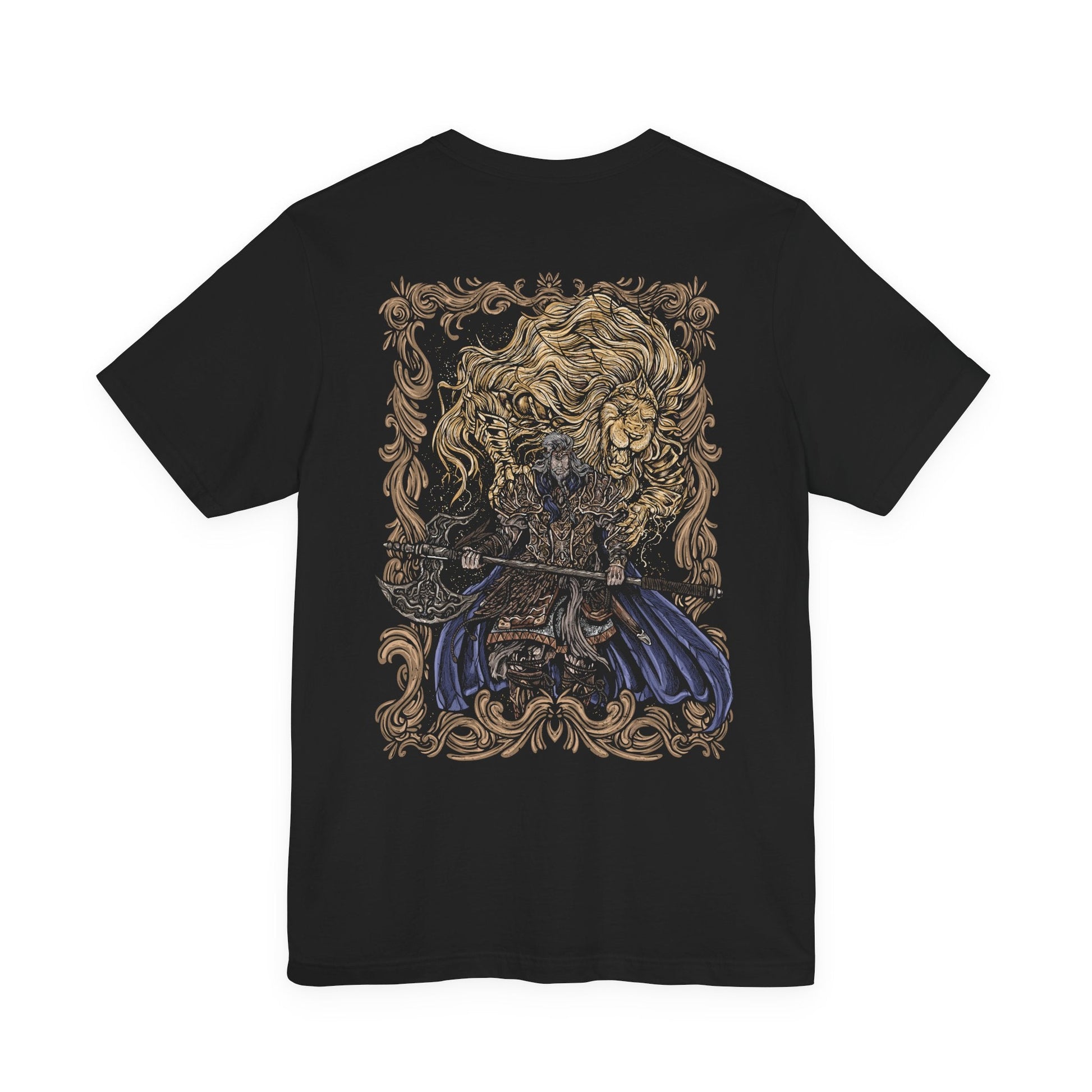 Image 5 of a T-shirt featuring Godfrey, the First Elden Lord from Elden Ring, the mighty warrior who led the Golden Order’s conquests before being cast off as a Tarnished. Clad in lion-emblazoned armor and accompanied by Serosh, his spectral companion, this design captures his regal presence and the raw power of the age’s first champion.