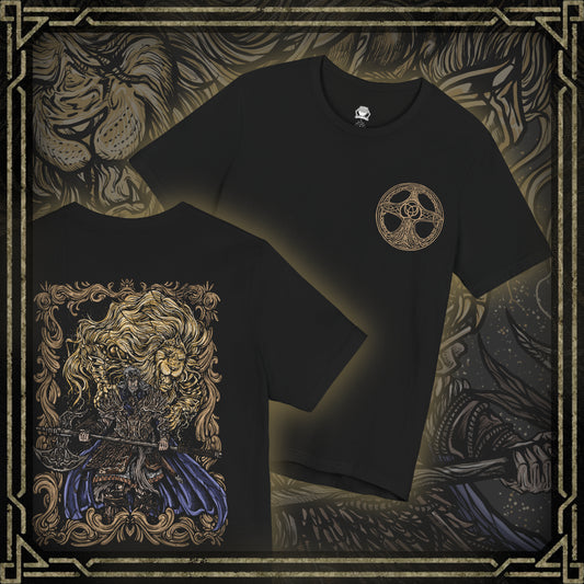 Thumbnail of a T-shirt featuring Godfrey, the First Elden Lord from Elden Ring, the mighty warrior who led the Golden Order’s conquests before being cast off as a Tarnished. Clad in lion-emblazoned armor and accompanied by Serosh, his spectral companion, this design captures his regal presence and the raw power of the age’s first champion.