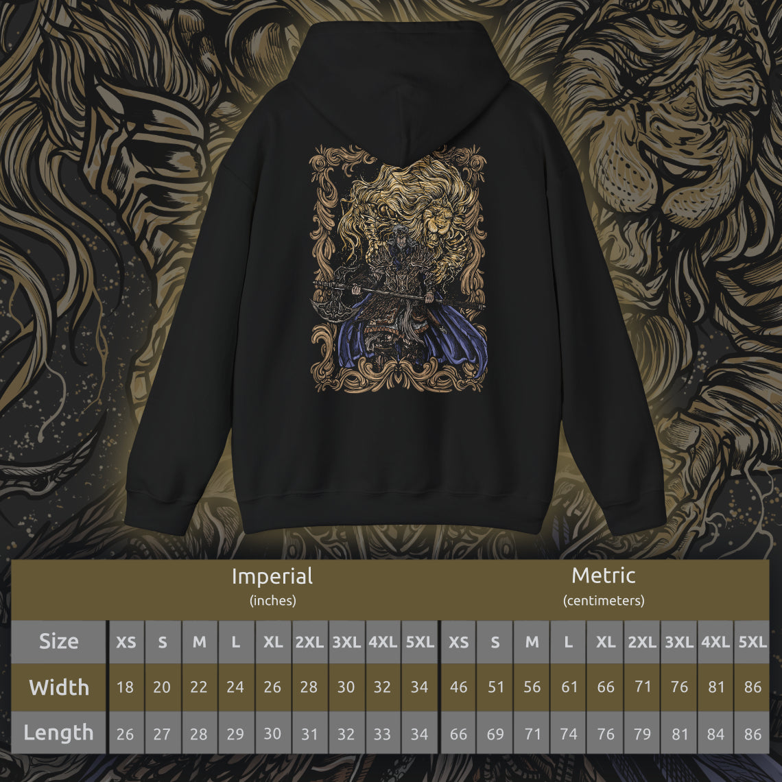 Size chart of a Hooded Sweatshirt featuring Godfrey, the First Elden Lord, and his loyal spectral lion, Serosh, from Elden Ring. Adorned in regal yet battle-worn golden armor, Godfrey stands as a symbol of strength and conquest, his legacy etched into the history of the Lands Between. Serosh, the mighty beast upon his back, suppresses his feral instincts, restraining the warrior’s true fury—until the moment of reckoning. A must-have for fans of Elden Ring’s epic lore and legendary battles.