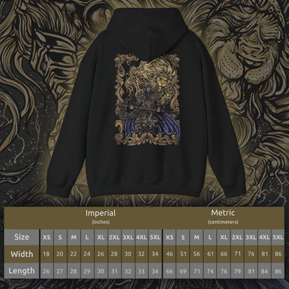 Size chart of a Hooded Sweatshirt featuring Godfrey, the First Elden Lord, and his loyal spectral lion, Serosh, from Elden Ring. Adorned in regal yet battle-worn golden armor, Godfrey stands as a symbol of strength and conquest, his legacy etched into the history of the Lands Between. Serosh, the mighty beast upon his back, suppresses his feral instincts, restraining the warrior’s true fury—until the moment of reckoning. A must-have for fans of Elden Ring’s epic lore and legendary battles.