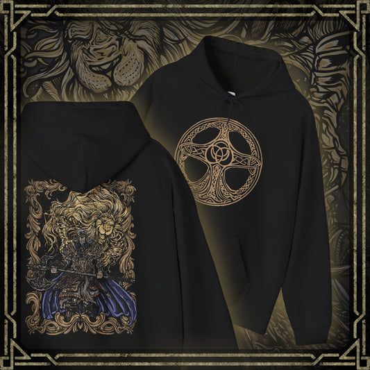 Thumbnail of a Hooded Sweatshirt featuring Godfrey, the First Elden Lord, and his loyal spectral lion, Serosh, from Elden Ring. Adorned in regal yet battle-worn golden armor, Godfrey stands as a symbol of strength and conquest, his legacy etched into the history of the Lands Between. Serosh, the mighty beast upon his back, suppresses his feral instincts, restraining the warrior’s true fury—until the moment of reckoning. A must-have for fans of Elden Ring’s epic lore and legendary battles.