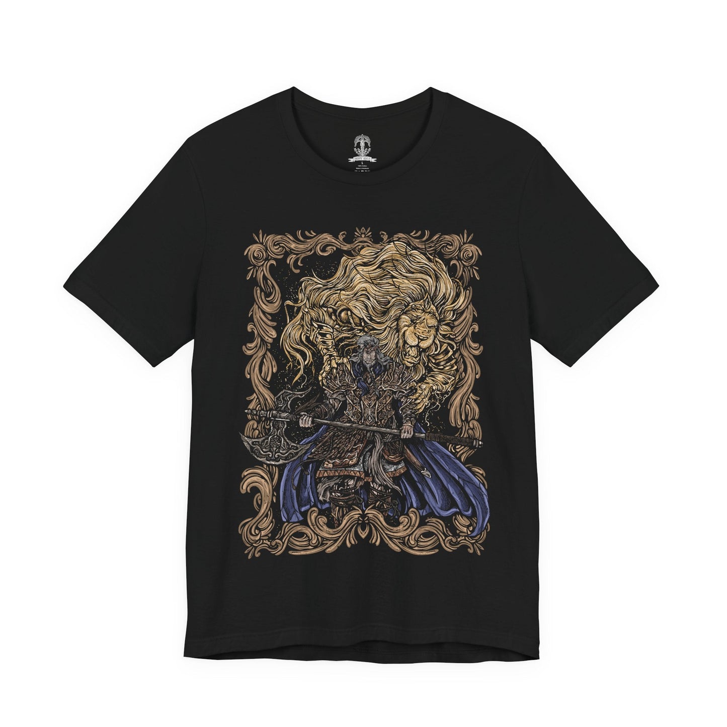 Image 4 of a T-shirt featuring Godfrey, the First Elden Lord from Elden Ring, a towering warrior who once led the Golden Lineage and brought order through conquest. Wielding his colossal greataxe and accompanied by the spectral beast Serosh, Godfrey symbolizes strength, discipline, and sacrifice. This design captures his regal yet brutal presence.