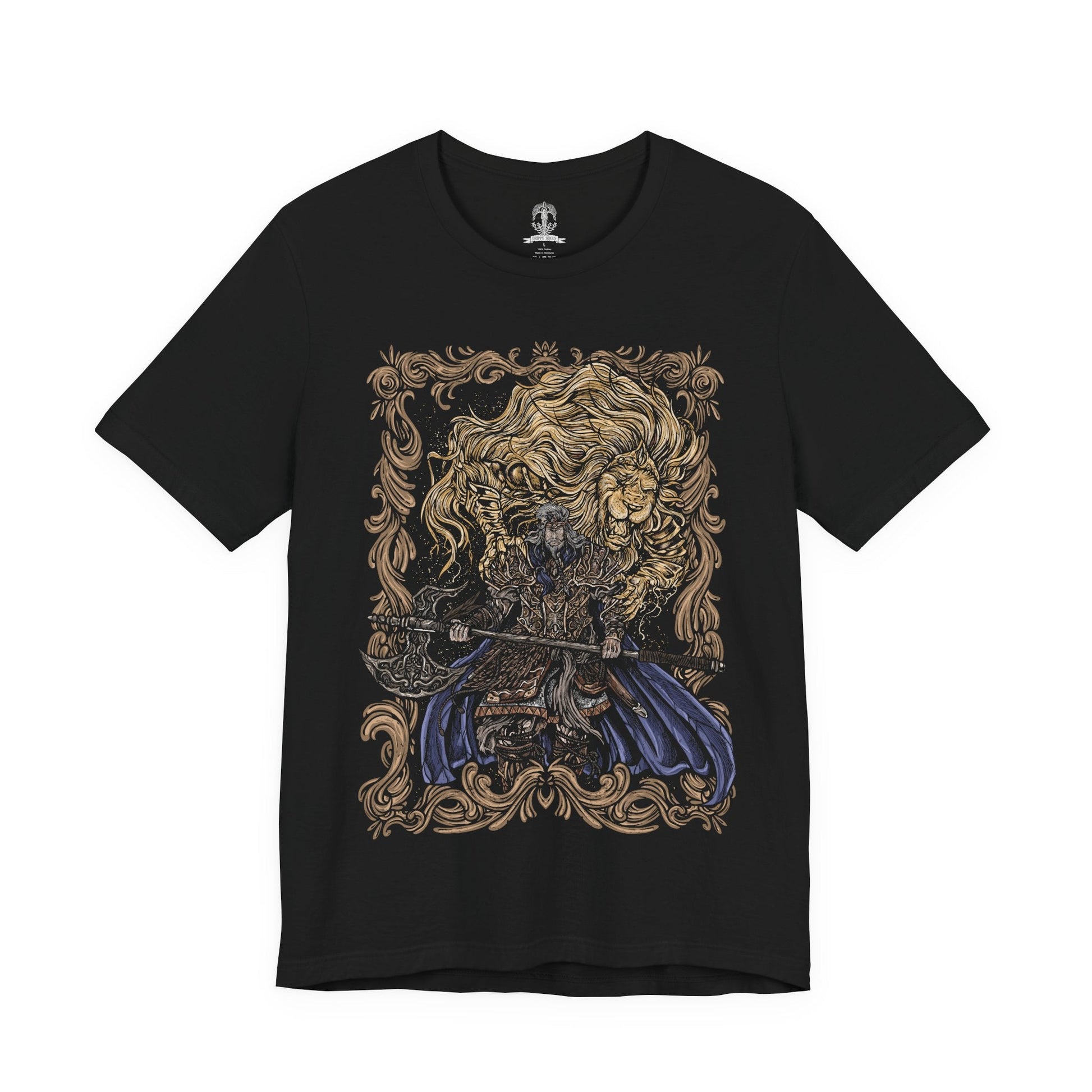 Image 4 of a T-shirt featuring Godfrey, the First Elden Lord from Elden Ring, a towering warrior who once led the Golden Lineage and brought order through conquest. Wielding his colossal greataxe and accompanied by the spectral beast Serosh, Godfrey symbolizes strength, discipline, and sacrifice. This design captures his regal yet brutal presence.