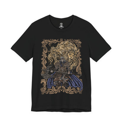 Image 4 of a T-shirt featuring Godfrey, the First Elden Lord from Elden Ring, a towering warrior who once led the Golden Lineage and brought order through conquest. Wielding his colossal greataxe and accompanied by the spectral beast Serosh, Godfrey symbolizes strength, discipline, and sacrifice. This design captures his regal yet brutal presence.