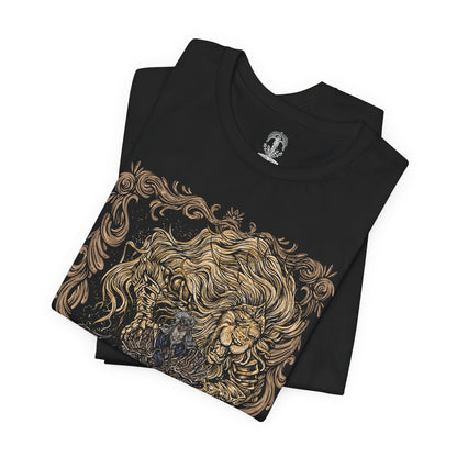 Image 5 of a T-shirt featuring Godfrey, the First Elden Lord from Elden Ring, a towering warrior who once led the Golden Lineage and brought order through conquest. Wielding his colossal greataxe and accompanied by the spectral beast Serosh, Godfrey symbolizes strength, discipline, and sacrifice. This design captures his regal yet brutal presence.