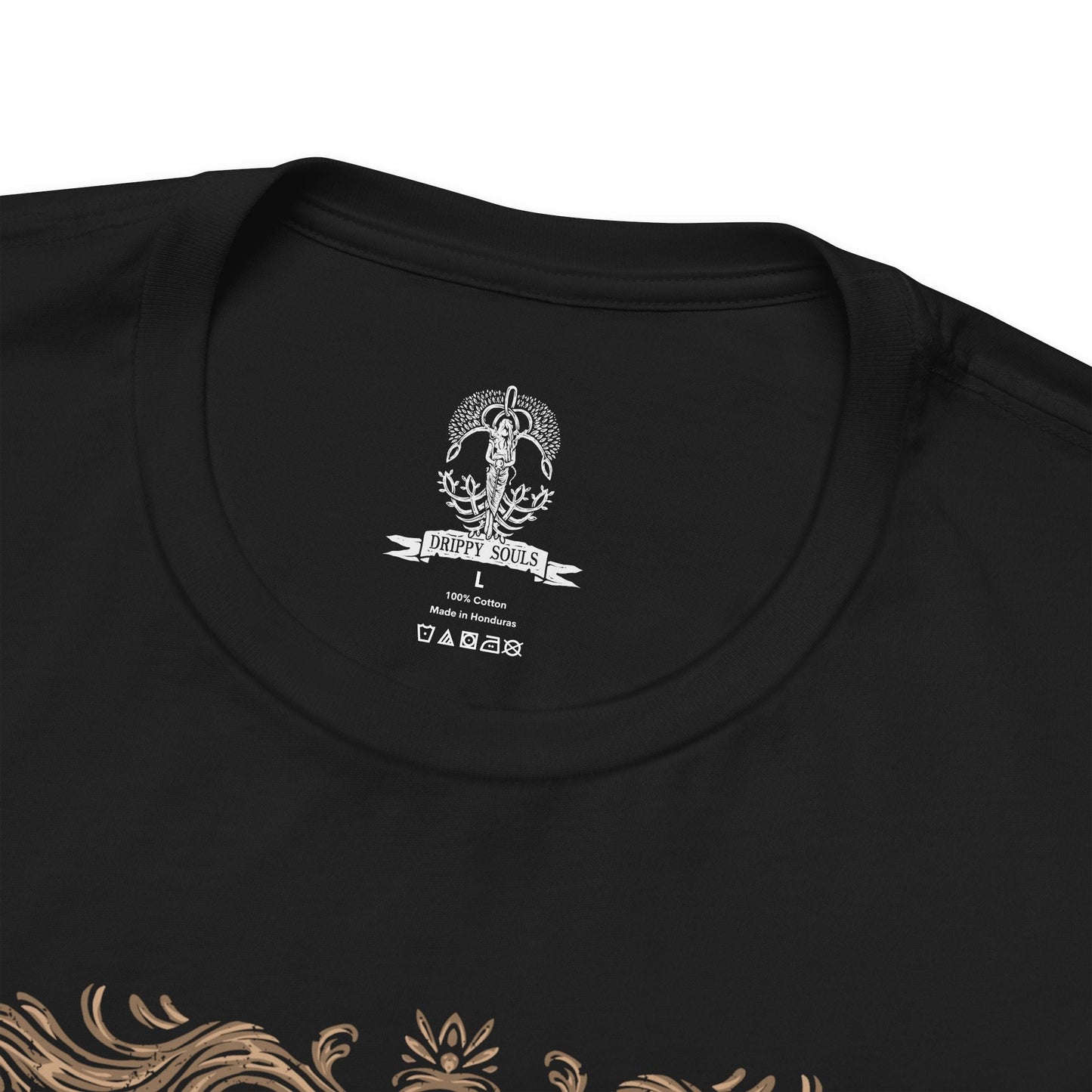 Folded T-shirt featuring Godfrey, the First Elden Lord from Elden Ring, a towering warrior who once led the Golden Lineage and brought order through conquest. Wielding his colossal greataxe and accompanied by the spectral beast Serosh, Godfrey symbolizes strength, discipline, and sacrifice. This design captures his regal yet brutal presence.