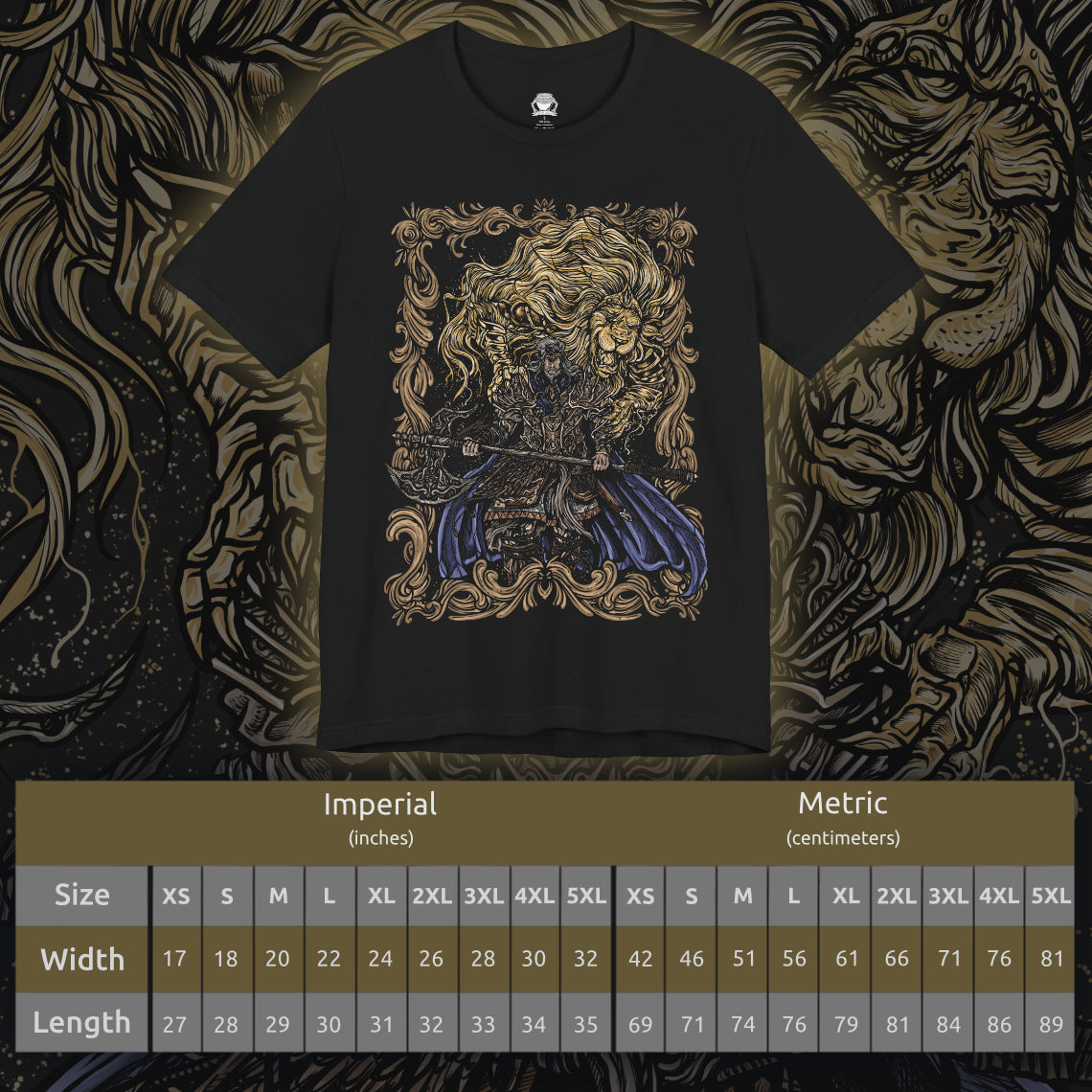 Size chart of a T-shirt featuring Godfrey, the First Elden Lord from Elden Ring, a towering warrior who once led the Golden Lineage and brought order through conquest. Wielding his colossal greataxe and accompanied by the spectral beast Serosh, Godfrey symbolizes strength, discipline, and sacrifice. This design captures his regal yet brutal presence.