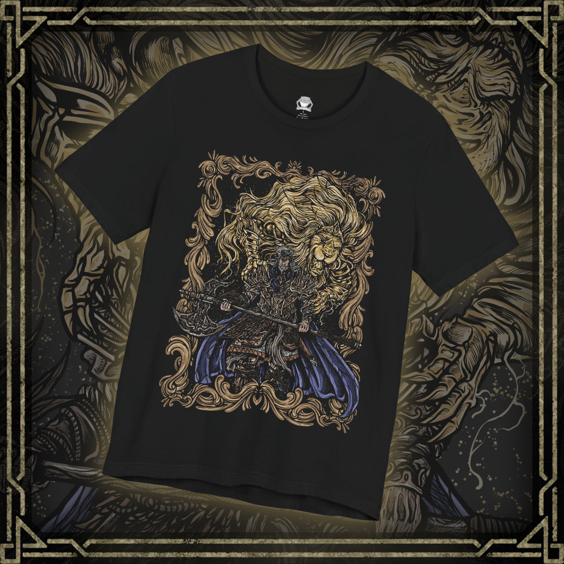 Thumbnail of a T-shirt featuring Godfrey, the First Elden Lord from Elden Ring, a towering warrior who once led the Golden Lineage and brought order through conquest. Wielding his colossal greataxe and accompanied by the spectral beast Serosh, Godfrey symbolizes strength, discipline, and sacrifice. This design captures his regal yet brutal presence.