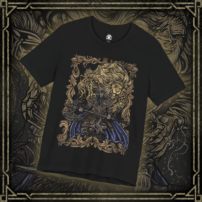 Thumbnail of a T-shirt featuring Godfrey, the First Elden Lord from Elden Ring, a towering warrior who once led the Golden Lineage and brought order through conquest. Wielding his colossal greataxe and accompanied by the spectral beast Serosh, Godfrey symbolizes strength, discipline, and sacrifice. This design captures his regal yet brutal presence.