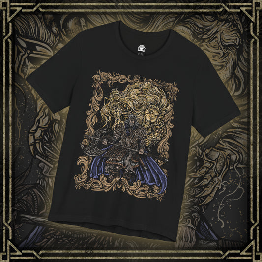 Thumbnail of a T-shirt featuring Godfrey, the First Elden Lord from Elden Ring, a towering warrior who once led the Golden Lineage and brought order through conquest. Wielding his colossal greataxe and accompanied by the spectral beast Serosh, Godfrey symbolizes strength, discipline, and sacrifice. This design captures his regal yet brutal presence.