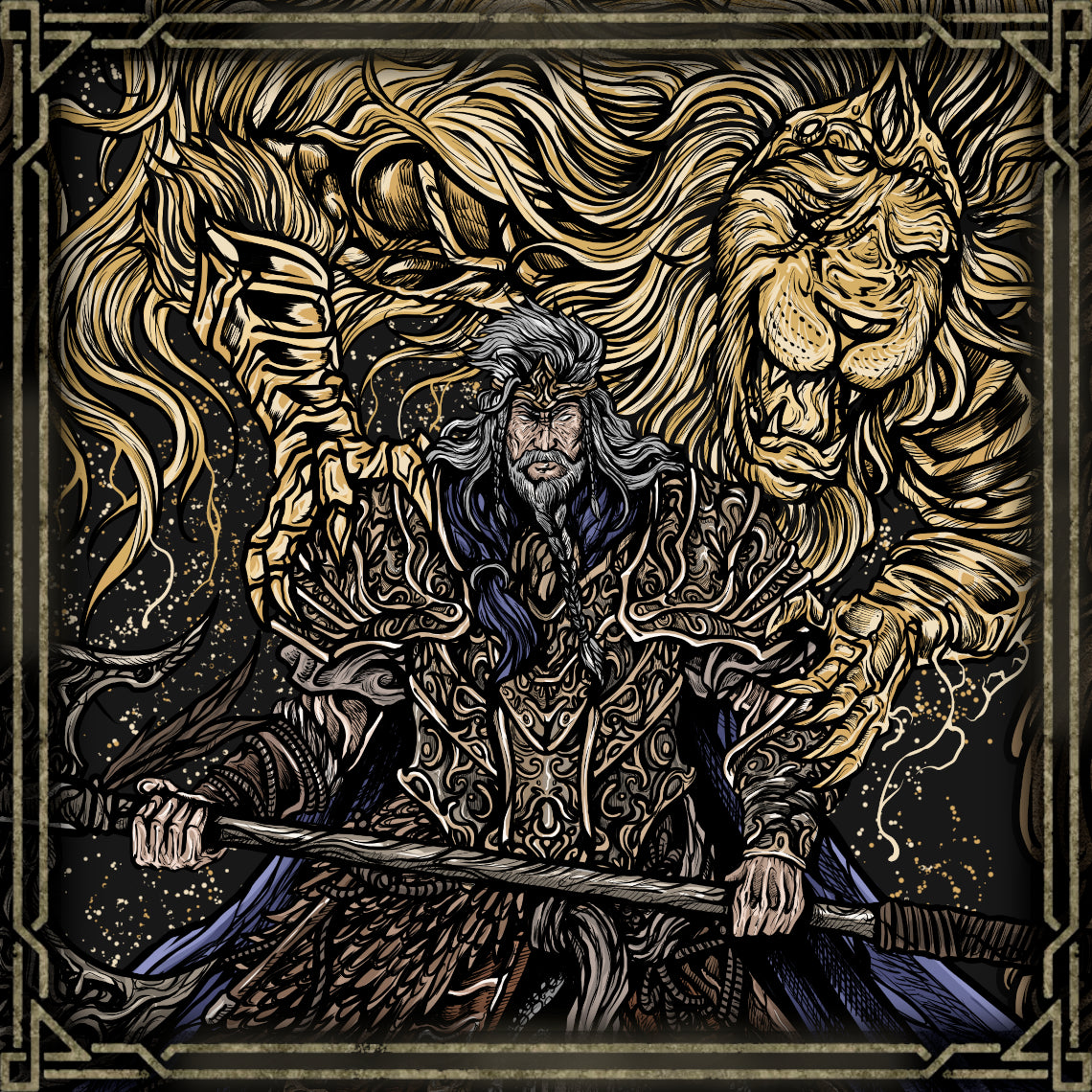 Wallpaper of Godfrey First Elden Lord. Godfrey, once a ferocious warrior named Hoarah Loux, became the first Elden Lord after marrying Queen Marika. As the Golden Order’s mightiest champion, he led armies against the giants and dragons. To restrain his savage nature, the lion spirit Serosh was bound to him. After losing his grace, Godfrey was exiled, becoming the first of the Tarnished, destined to one day return and reclaim his legacy beneath the Erdtree.