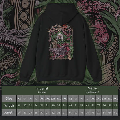 Size chart of a Hooded Sweatshirt featuring Godrick the Grafted, the infamous shardbearer of Elden Ring. Descendant of the Golden Lineage, he turned to grafting as a means to claim greatness, becoming a living patchwork of stolen power. This design highlights his monstrous transformation, a symbol of ambition, cruelty, and the horrors of the Lands Between.
