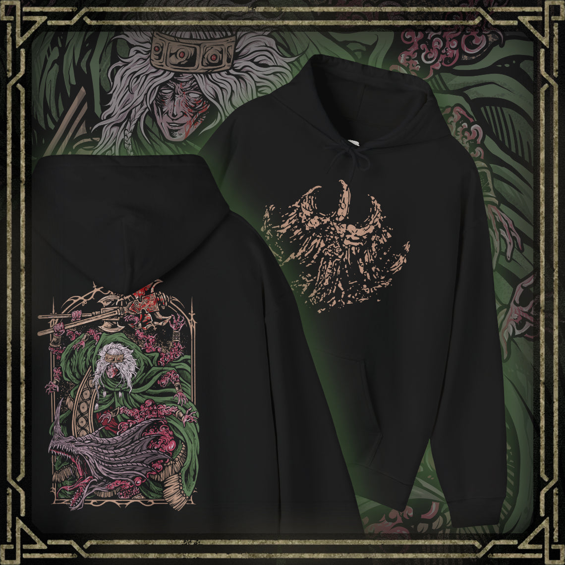 Thumbnail of a Hooded Sweatshirt featuring Godrick the Grafted, the infamous shardbearer of Elden Ring. Descendant of the Golden Lineage, he turned to grafting as a means to claim greatness, becoming a living patchwork of stolen power. This design highlights his monstrous transformation, a symbol of ambition, cruelty, and the horrors of the Lands Between.