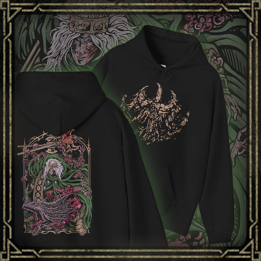 Thumbnail of a Hooded Sweatshirt featuring Godrick the Grafted, the infamous shardbearer of Elden Ring. Descendant of the Golden Lineage, he turned to grafting as a means to claim greatness, becoming a living patchwork of stolen power. This design highlights his monstrous transformation, a symbol of ambition, cruelty, and the horrors of the Lands Between.