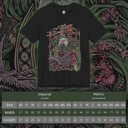 Size chart of a T-shirt featuring Godrick the Grafted from Elden Ring, the grotesque demigod of Stormveil Castle. Known for grafting countless limbs onto his body to fuel his strength, Godrick embodies ambition twisted into monstrosity. This design captures his terrifying form, symbolizing his hunger for power and his legacy as one of the first shardbearers.