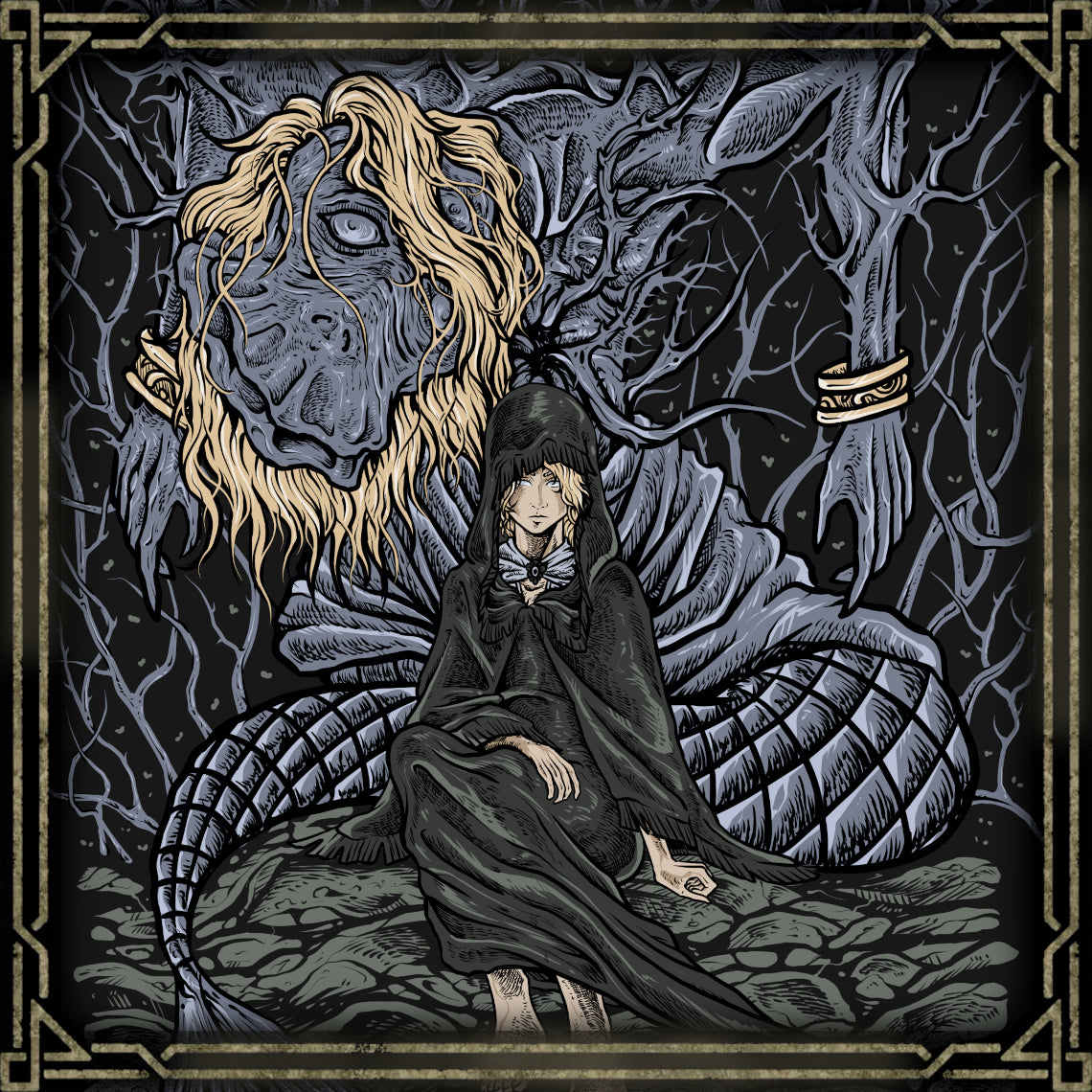 Artwork of Godwyn the Golden and Fia. Godwyn the Golden, first of the demigods to die, was transformed into the Prince of Death after the Night of the Black Knives. His corrupted body spreads Deathroot beneath the Lands Between. Fia, the Deathbed Companion, embraces him in undeath, seeking to restore dignity to Those Who Live in Death and birth a new mending rune through devotion and sorrow.