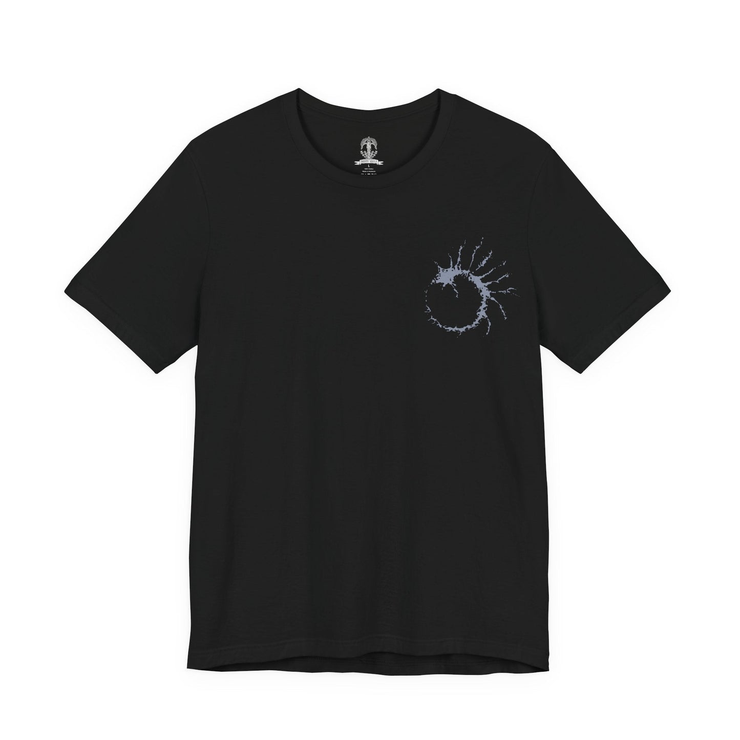 Image 4 of a T-shirt artwork portraying Fia cradling the corpse of Godwyn the Golden deep within the Deeproot Depths. Godwyn’s twisted, death-infested form spreads through the roots of the Erdtree as Fia performs her sacred rite, seeking to birth the Mending Rune of the Death-Prince. The design captures themes of loss, rebirth, forbidden devotion, and the corruption of divine lineage.