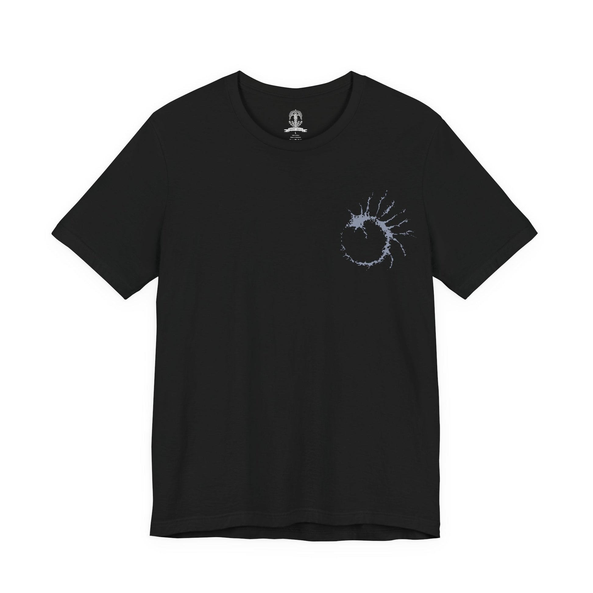 Image 4 of a T-shirt artwork portraying Fia cradling the corpse of Godwyn the Golden deep within the Deeproot Depths. Godwyn’s twisted, death-infested form spreads through the roots of the Erdtree as Fia performs her sacred rite, seeking to birth the Mending Rune of the Death-Prince. The design captures themes of loss, rebirth, forbidden devotion, and the corruption of divine lineage.