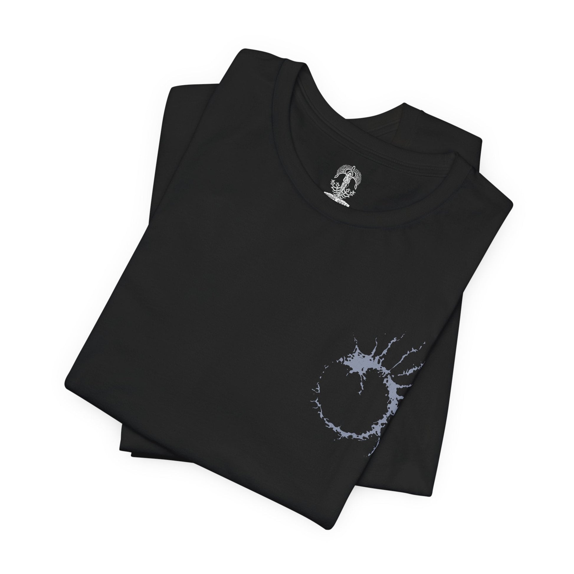 Image 6 of a T-shirt artwork portraying Fia cradling the corpse of Godwyn the Golden deep within the Deeproot Depths. Godwyn’s twisted, death-infested form spreads through the roots of the Erdtree as Fia performs her sacred rite, seeking to birth the Mending Rune of the Death-Prince. The design captures themes of loss, rebirth, forbidden devotion, and the corruption of divine lineage.