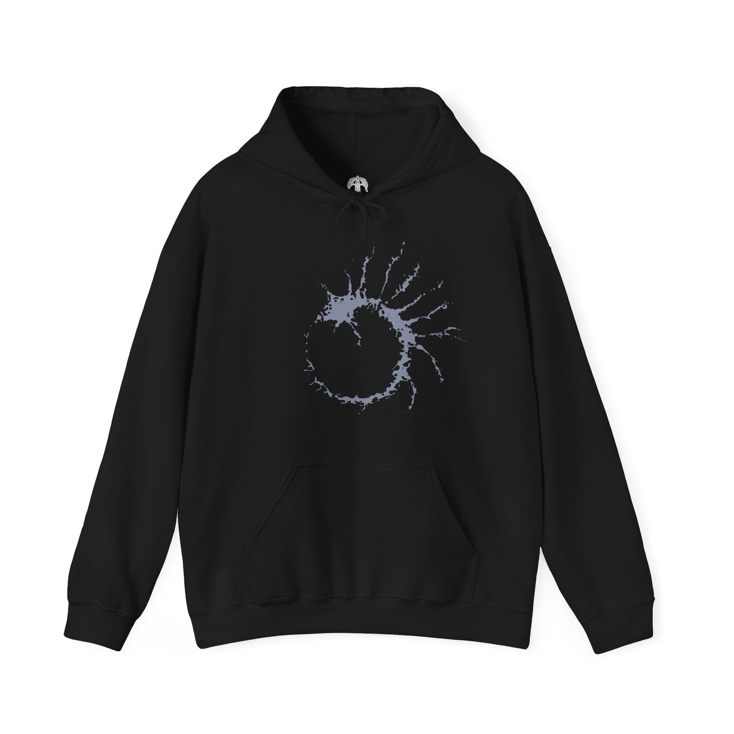 Image 4 of a Hooded Sweatshirt featuring Godwyn the Golden entwined with deathroot as Fia stands beside him in solemn reverence. Once the beloved son of Queen Marika, Godwyn’s assassination shattered the Golden Order, while Fia’s devotion transforms his death into purpose. This design reflects the tragic origins of Deathblight, the Prince of Death, and the quiet resolve to create a new ending for the world.