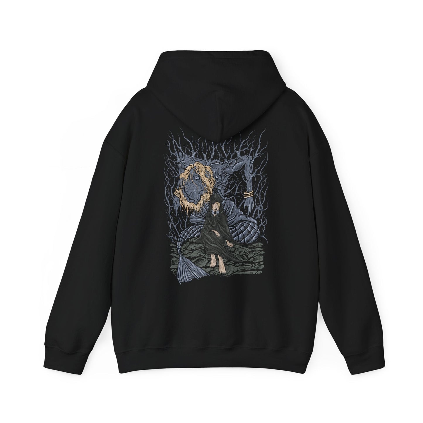 Image 5 of a Hooded Sweatshirt featuring Godwyn the Golden entwined with deathroot as Fia stands beside him in solemn reverence. Once the beloved son of Queen Marika, Godwyn’s assassination shattered the Golden Order, while Fia’s devotion transforms his death into purpose. This design reflects the tragic origins of Deathblight, the Prince of Death, and the quiet resolve to create a new ending for the world.