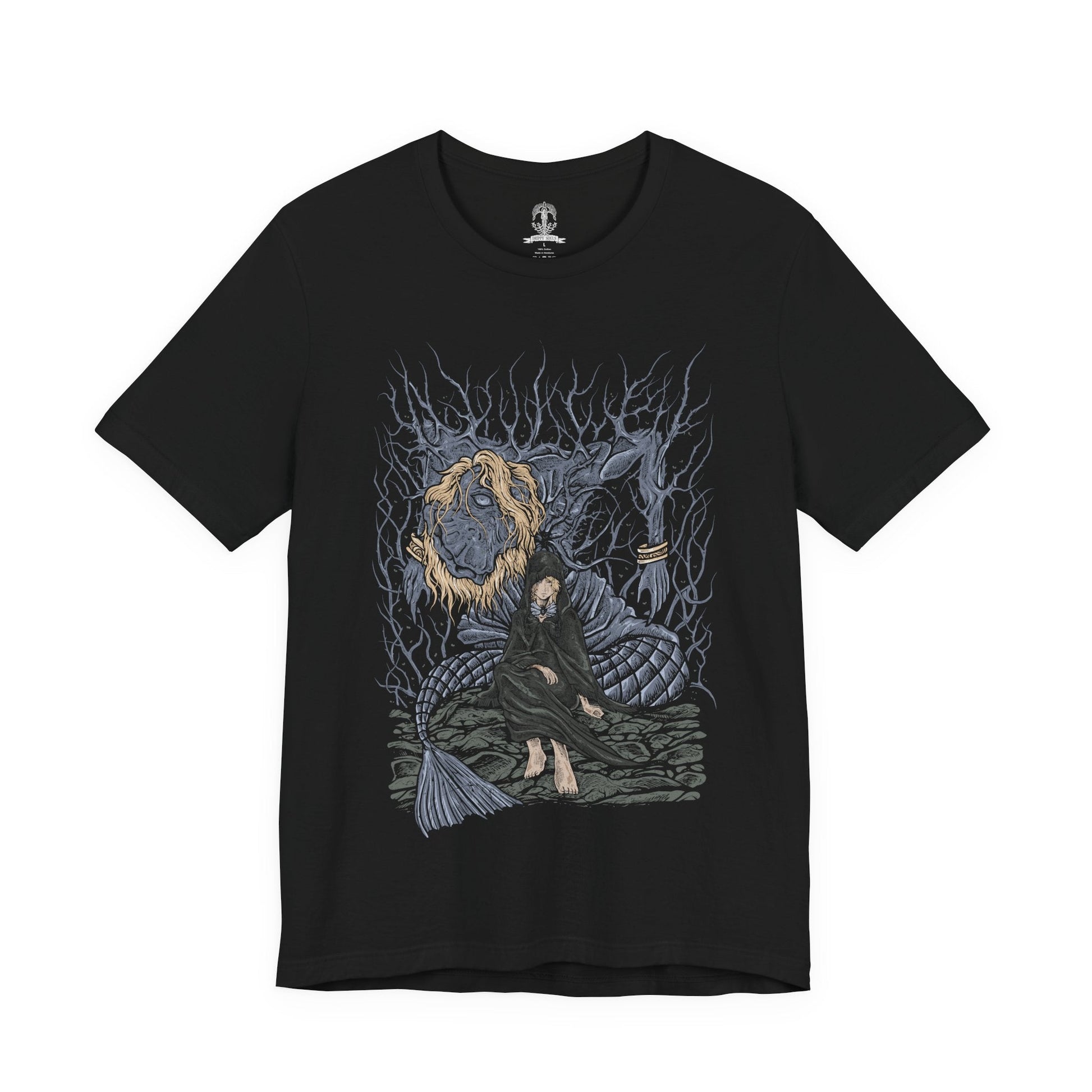 Image 4 of a T-shirt design of Godwyn the Golden and Fia from Elden Ring, depicting the Prince of Death’s lifeless yet corrupted form embraced by Fia, the Deathbed Companion. Roots of Deathblight coil around Godwyn’s body beneath the Erdtree’s shadow, while Fia kneels in devotion, symbolizing love, mourning, and the forbidden union that gives rise to a new form of death in the Lands Between.
