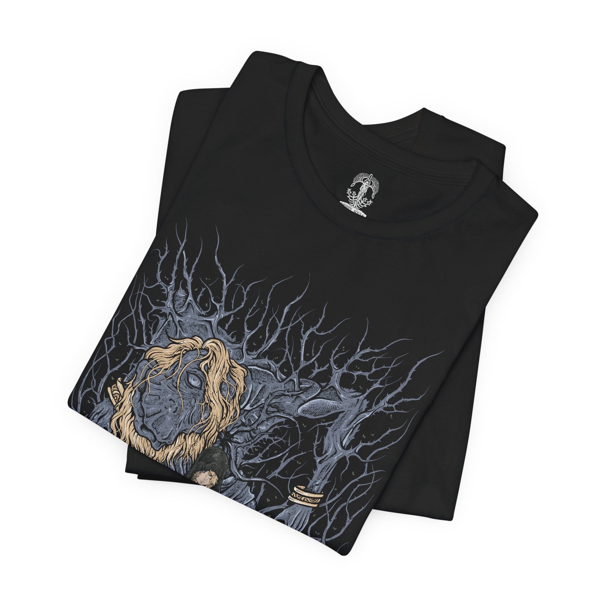 Image 5 of a T-shirt design of Godwyn the Golden and Fia from Elden Ring, depicting the Prince of Death’s lifeless yet corrupted form embraced by Fia, the Deathbed Companion. Roots of Deathblight coil around Godwyn’s body beneath the Erdtree’s shadow, while Fia kneels in devotion, symbolizing love, mourning, and the forbidden union that gives rise to a new form of death in the Lands Between.
