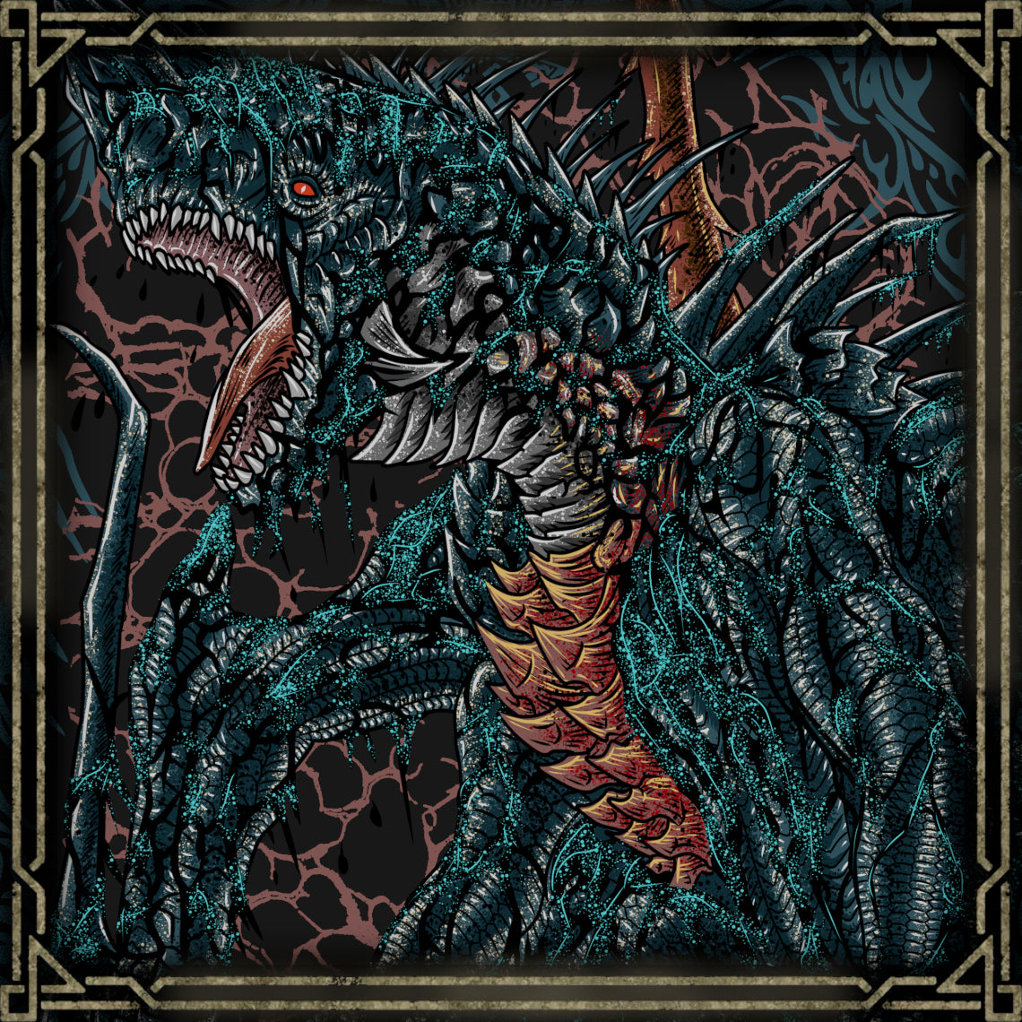 Concept Art of Gogmazios the Halberd Dragon. Gogmazios embodies the destructive relationship between humans and monsters in the Monster Hunter universe. Drawn to war and industry, it thrives on chaos, consuming gunpowder and turning it into catastrophic force. Its presence transforms battlefields into infernos, making it a symbol of unchecked devastation and one of the franchise’s most imposing Elder Dragons.