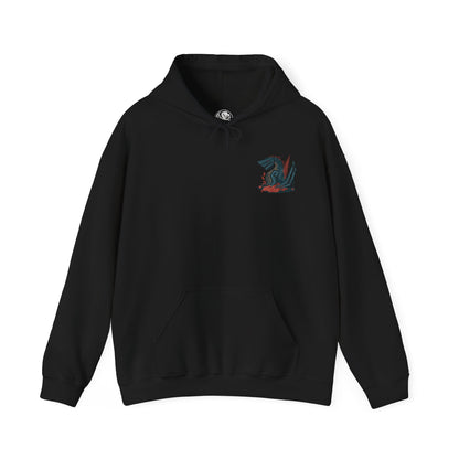 Image 4 of a Hooded Sweatshirt of Gogmazios looming over a crumbling fortress, its massive body dripping with burning tar while fire erupts from its maw. The sky glows with embers as debris falls around it, emphasizing scale and devastation. The composition highlights raw destructive force, elemental chaos, and the terrifying dominance of one of Monster Hunter’s most imposing Elder Dragons.