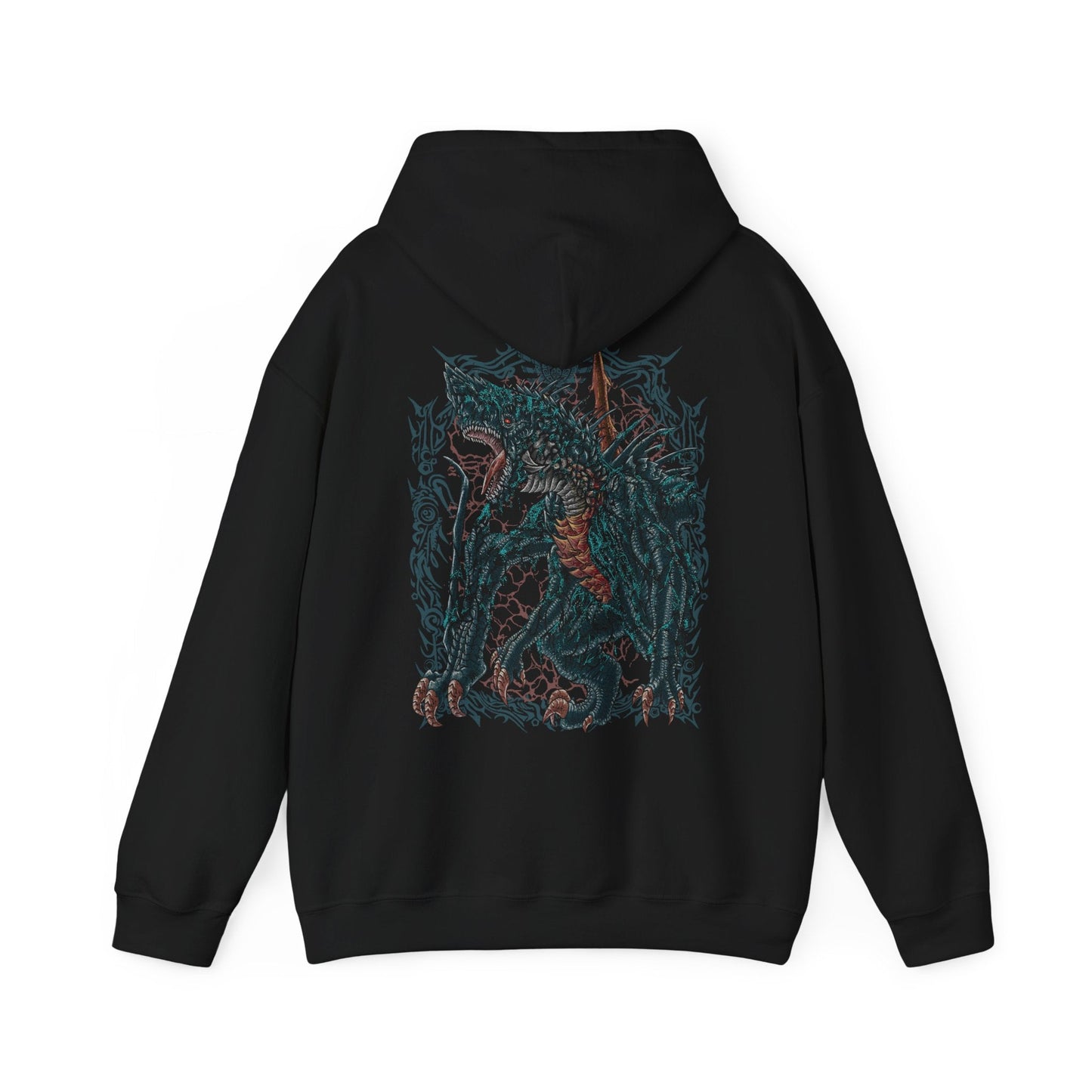 Image 5 of a Hooded Sweatshirt of Gogmazios looming over a crumbling fortress, its massive body dripping with burning tar while fire erupts from its maw. The sky glows with embers as debris falls around it, emphasizing scale and devastation. The composition highlights raw destructive force, elemental chaos, and the terrifying dominance of one of Monster Hunter’s most imposing Elder Dragons.
