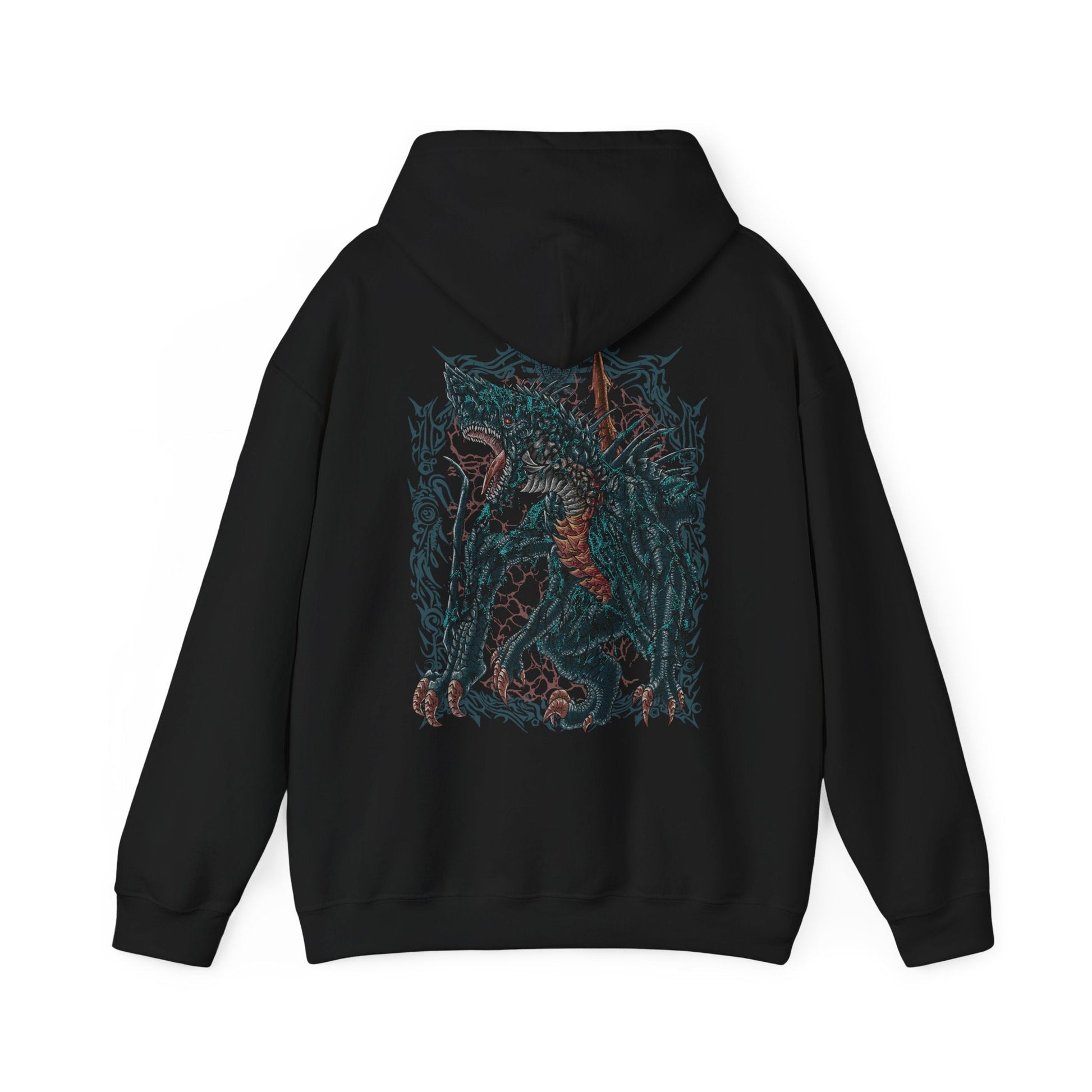 Image 5 of a Hooded Sweatshirt of Gogmazios looming over a crumbling fortress, its massive body dripping with burning tar while fire erupts from its maw. The sky glows with embers as debris falls around it, emphasizing scale and devastation. The composition highlights raw destructive force, elemental chaos, and the terrifying dominance of one of Monster Hunter’s most imposing Elder Dragons.