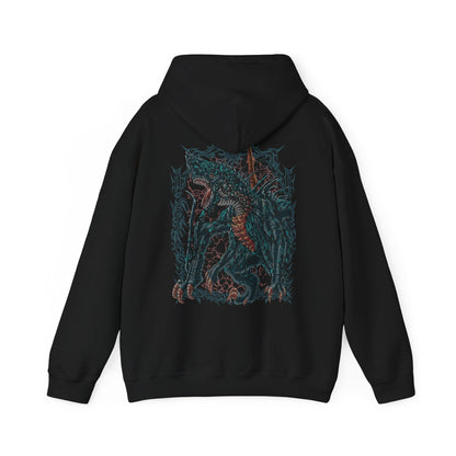 Image 5 of a Hooded Sweatshirt of Gogmazios looming over a crumbling fortress, its massive body dripping with burning tar while fire erupts from its maw. The sky glows with embers as debris falls around it, emphasizing scale and devastation. The composition highlights raw destructive force, elemental chaos, and the terrifying dominance of one of Monster Hunter’s most imposing Elder Dragons.