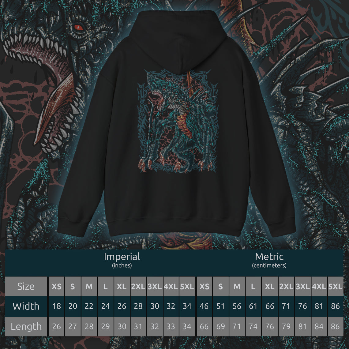 Size chart of a Hooded Sweatshirt of Gogmazios looming over a crumbling fortress, its massive body dripping with burning tar while fire erupts from its maw. The sky glows with embers as debris falls around it, emphasizing scale and devastation. The composition highlights raw destructive force, elemental chaos, and the terrifying dominance of one of Monster Hunter’s most imposing Elder Dragons.