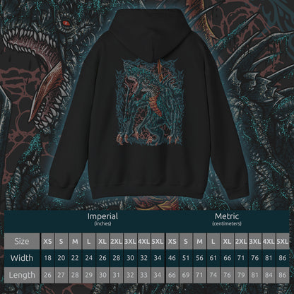 Size chart of a Hooded Sweatshirt of Gogmazios looming over a crumbling fortress, its massive body dripping with burning tar while fire erupts from its maw. The sky glows with embers as debris falls around it, emphasizing scale and devastation. The composition highlights raw destructive force, elemental chaos, and the terrifying dominance of one of Monster Hunter’s most imposing Elder Dragons.