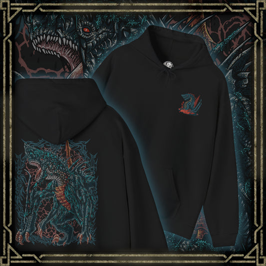 Thumbnail of a Hooded Sweatshirt of Gogmazios looming over a crumbling fortress, its massive body dripping with burning tar while fire erupts from its maw. The sky glows with embers as debris falls around it, emphasizing scale and devastation. The composition highlights raw destructive force, elemental chaos, and the terrifying dominance of one of Monster Hunter’s most imposing Elder Dragons.